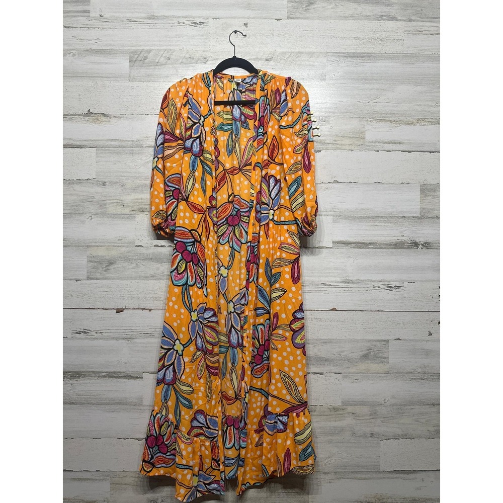 Tabitha Brown Floral Polka Dot Maxi Dress Womens XS Orange Ruffle Boho EUC
